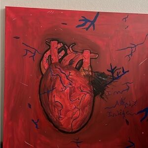 Red Anatomical Heart Painting with Blue Vein Accents